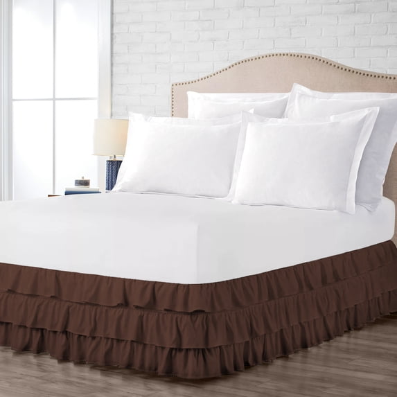 California King Size Tailored Drop Multi Ruffled Solid Bed Skirt with Adjustable Elastic Belt Microfiber Fabric Fade & Wrinkle Resistant Bed Frame Cover Easy to Fit & Care (13 Inch Drop, Chocolate)