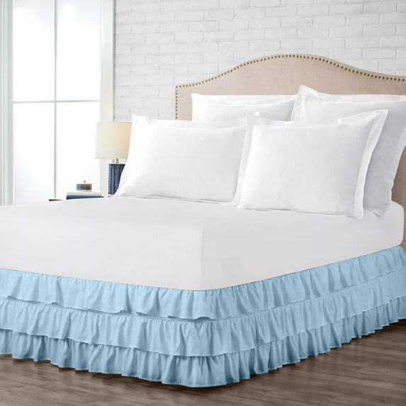 California King Size Tailored Drop Multi Ruffled Solid Bed Skirt with Adjustable Elastic Belt Microfiber Fabric Fade & Wrinkle Resistant Bed Frame Cover Easy to Fit & Care (26 Inch Drop, Light Blue)