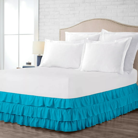 California King Size Tailored Drop Multi Ruffled Solid Bed Skirt with Adjustable Elastic Belt Microfiber Wrinkle Resistant Bed Frame Cover Easy to Fit & Care (10 Inch Drop, Turquoise Blue)