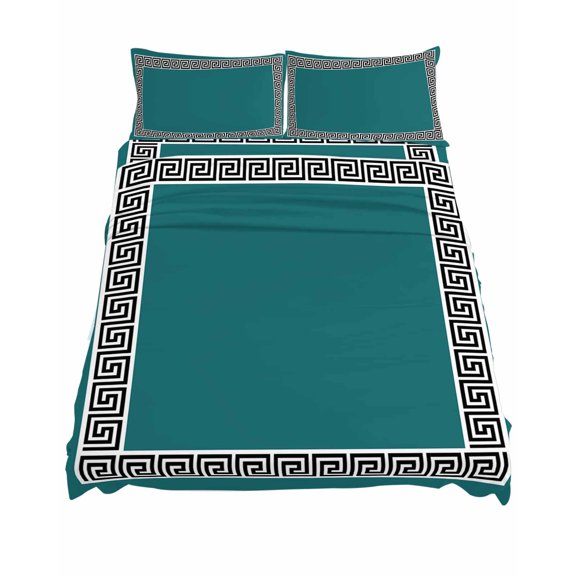 California King Size Teal Green Sheet Sets Greek Chinese Style Border Geometric Soft Breathable Microfiber Bed Sheets Deep Pockets 4 Piece Bed Sheets Set, 1 Fitted Sheet, 1 Flat Sheet & 2 Pillowcases
