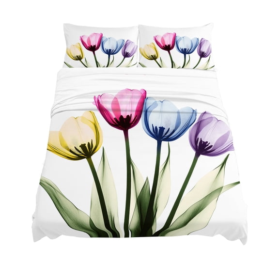 California King Size Tulip Flower Sheet Sets Color Floral Transparent Vintage Soft Breathable Microfiber Bed Sheets Deep Pockets 4 Piece Bed Sheets Set, 1 Fitted Sheet, 1 Flat Sheet & 2 Pillowcases
