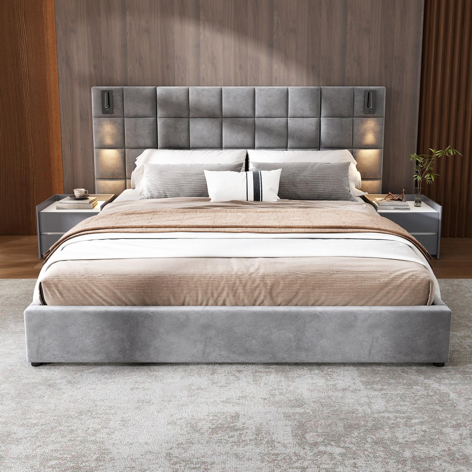 California King Size Upholstered Bed Frame with Adjustable Wall Sconce & USB Port, Velvet Platform Bed with Wide Padded Headboard, Gray