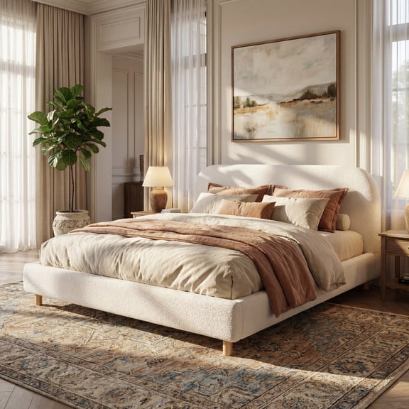 California King Size Upholstered Platform Bed with Headboard, Low Profile Bed Frame with Legs and Sturdy Support, No Box Spring Needed, White