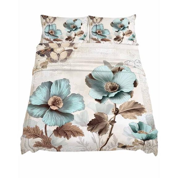 California King Size Victorian Style Broccoli Butterfly Sheet Sets Blue Flowers Plant Soft Breathable Microfiber Bed Sheets 4 Piece Bed Sheets Set, 1 Fitted Sheet, 1 Flat Sheet & 2 Pillowcases