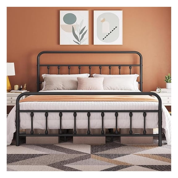 California King Size Victorian Style Metal Bed Frame with Headboard/Mattress Foundation/No Box Spring Needed/Under Bed Storage/Strong Slat Support Black