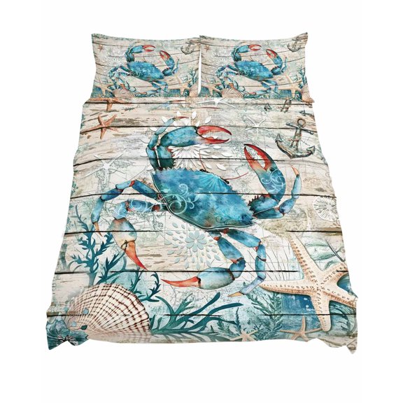 California King Size Vintage Crab Sheet Sets Ocean Coral Anchor Shell Wood Grain Soft Breathable Microfiber Bed Sheets 4 Piece Bed Sheets Set, 1 Fitted Sheet, 1 Flat Sheet & 2 Pillowcases