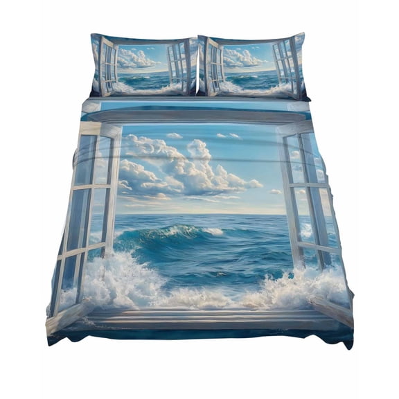 California King Size Window On The Ocean Sheet Sets Wave Cloud Soft Breathable Microfiber Bed Sheets Deep Pockets 4 Piece Bed Sheets Set, 1 Fitted Sheet, 1 Flat Sheet & 2 Pillowcases