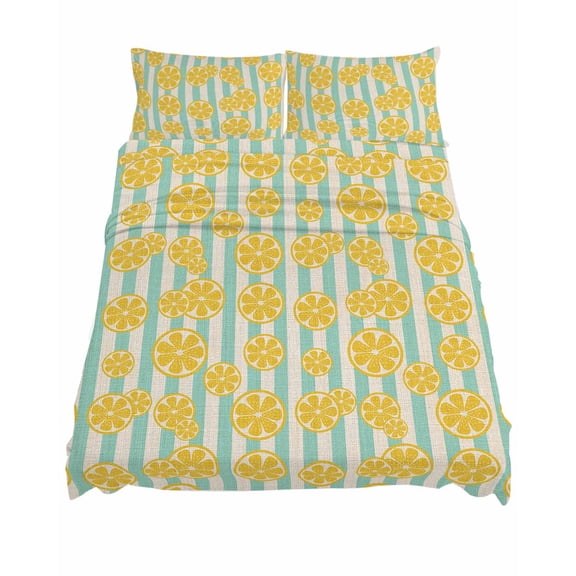 California King Size Yellow Lemon Sheet Sets Teal Stripes Linen Background Soft Breathable Microfiber Bed Sheets Deep Pockets 4 Piece Bed Sheets Set, 1 Fitted Sheet, 1 Flat Sheet & 2 Pillowcases