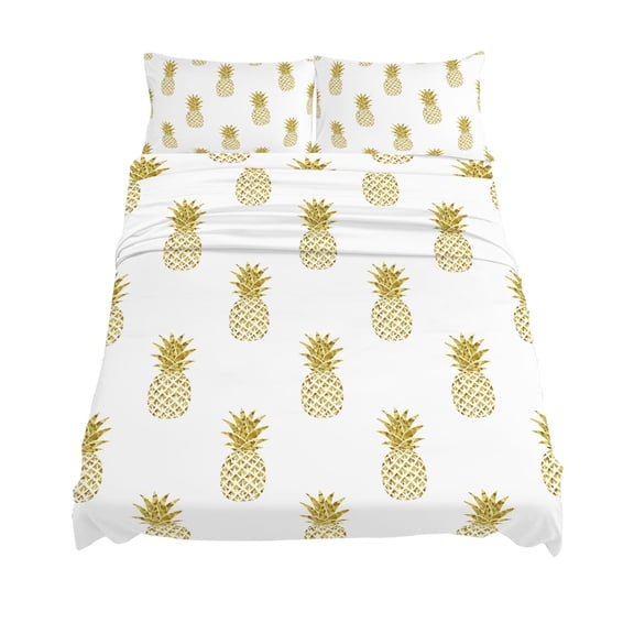 California King Size Yellow Pineapple Sheet Sets Abstract Fruit White Background Modern Soft Breathable Microfiber Bed Sheets 4 Piece Bed Sheets Set, 1 Fitted Sheet, 1 Flat Sheet & 2 Pillowcases
