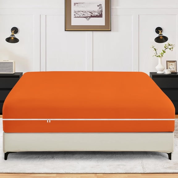California-King Size Zipper Fitted Sheet Only – 100% Egyptian Cotton, 600 Thread Count, 12-Inch Extra Deep Pocket, Bottom Sheet, Hotel Quality, ( 72" x 84" +12" , Orange Solid )