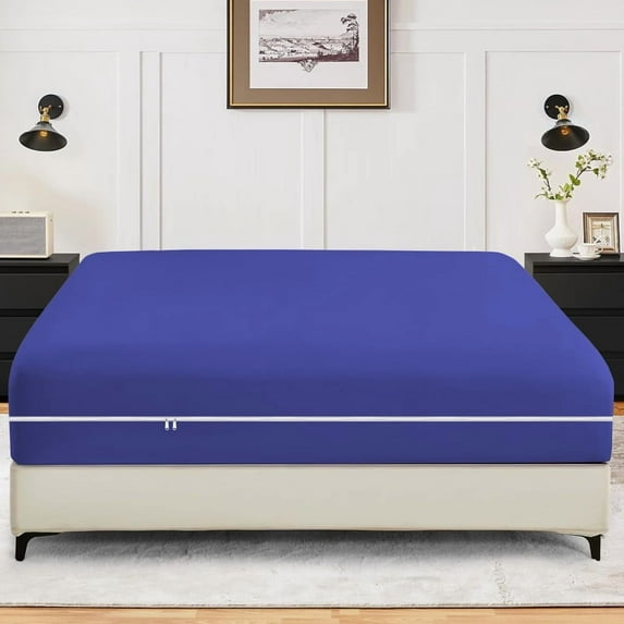 California-King Size Zippered Closure Fitted Sheet (72" x 84"), 1-Piece Bottom Sheet, 800 Thread Count 100% Egyptian Cotton, Fits Up to 15" Deep Mattress, Color Royal Blue Solid