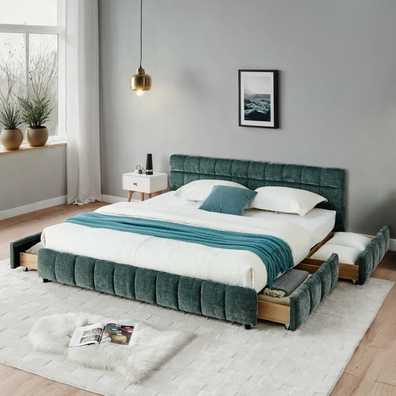 California King Upholstered Bed Frame with Drawers, Chenille Fabric Platform Bed with Headboard, Storage Drawers on Rollers, No Box Spring Needed, Green