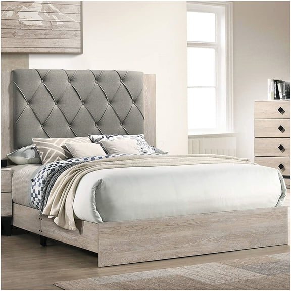 California King Upholstered Bed Frame with Tufted Headboard, Cream Grey Fabric, Low Profile Platform Bed, No Box Spring Needed, Modern Bedroom Furniture