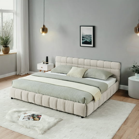 California King Upholstered Bed with Storage Drawers, Chenille Fabric Platform Bed Frame, Modern Bedroom Headboard with Underbed Storage, Beige