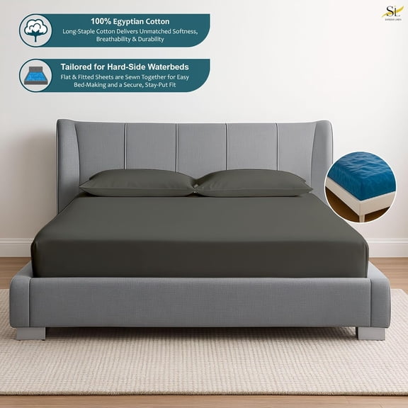 California King Waterbed Sheets, 4-Piece  Egyptian Cotton Attached Sheet Set with 15" Deep Pocket, Soft & Breathable Bedsheets for Water Beds, Dark Grey Solid