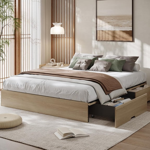 California King Wood Platform Bed Frame with 2 Storage Drawers, Wooden Bed Frame Without Headboard, Wood Slat Support, No Box Spring Needed, Easy Assembly