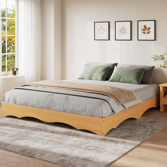 California King Wood Platform Bed Frame, Low Profile Bed with Wavy Wood Design, Minimalist Bed Base Without Headboard, Noise-Free Support, No Box Spring Needed