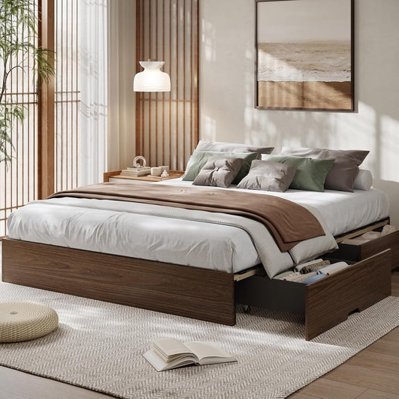 California King Wood Platform Bed Frame with 2 Storage Drawers, No Headboard, Wood Slat Support, No Box Spring Needed, Easy Assembly