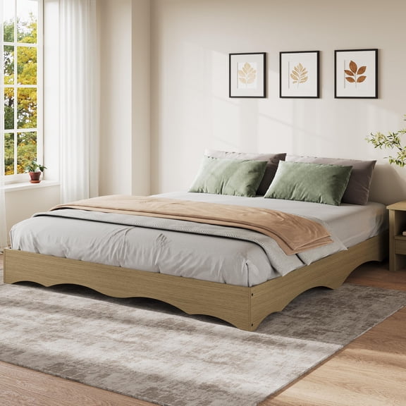 California King Wood Platform Bed Frame with Wave Edge Design, Sturdy Slat Support, Low Profile Bed, No Box Spring Needed, Natural