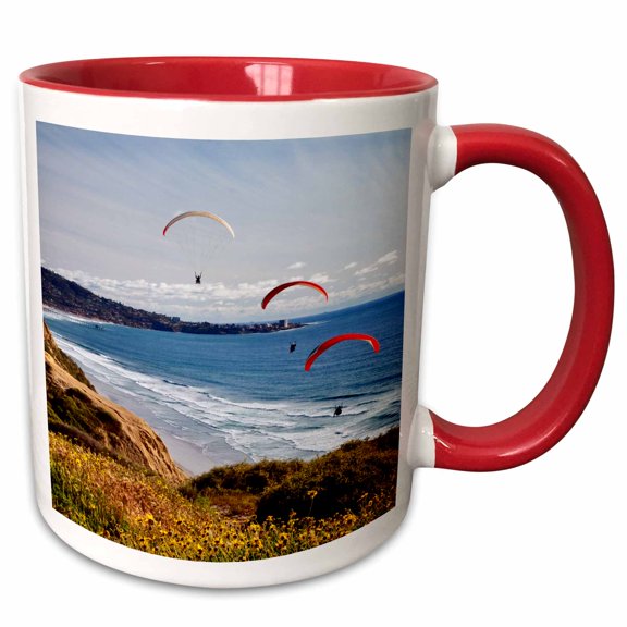 3drose, California, La Jolla. Paragliders Float Toward La Jolla Shores, 11oz Two-tone Red Mug