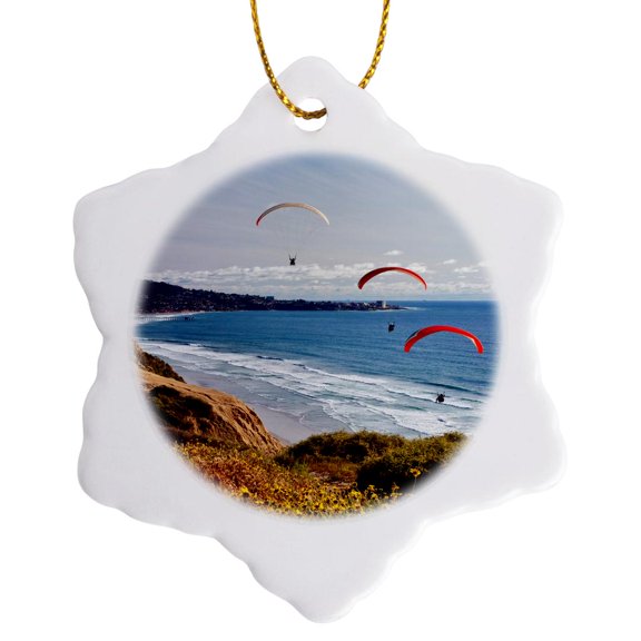 3drose, California, La Jolla. Paragliders Float Toward La Jolla Shores, 3 inch Snowflake Porcelain Ornament