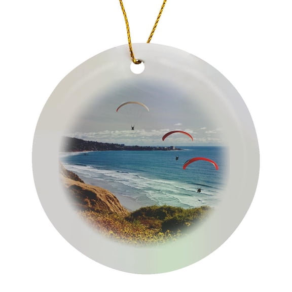 3drose, California, La Jolla. Paragliders Float Toward La Jolla Shores, Circle Porcelain Ornament