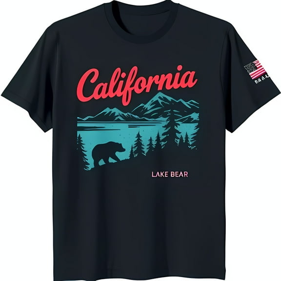 California Lake Bear Graphic Black T-Shirt Scenic Design with Bear & Mountains