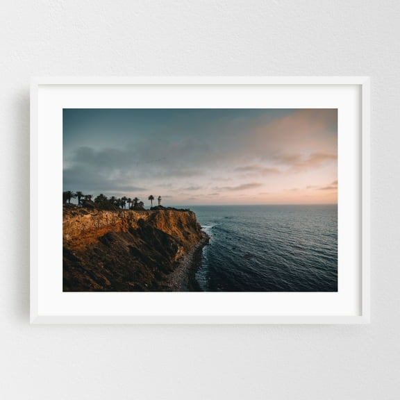 California Lighthouse Sunset - Rancho Palos Verdes California Photography Coastal Lighthouse Sunset Scenic Ocean Palm Tree Seascape White Framed Wall Art Print 5 x 7 inches