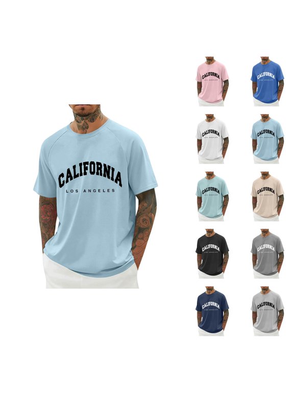 California Los Angeles Graphic Tees for Men 2026 Summer Casual Short Raglan Sleeve Crewneck T Shirts West Coast Streetwear,Light Blue,L