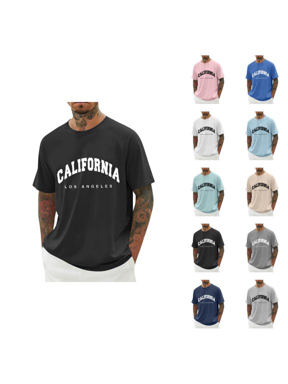 California Los Angeles Graphic Tees for Men 2026 Summer Casual Short Raglan Sleeve Crewneck T Shirts West Coast Streetwear