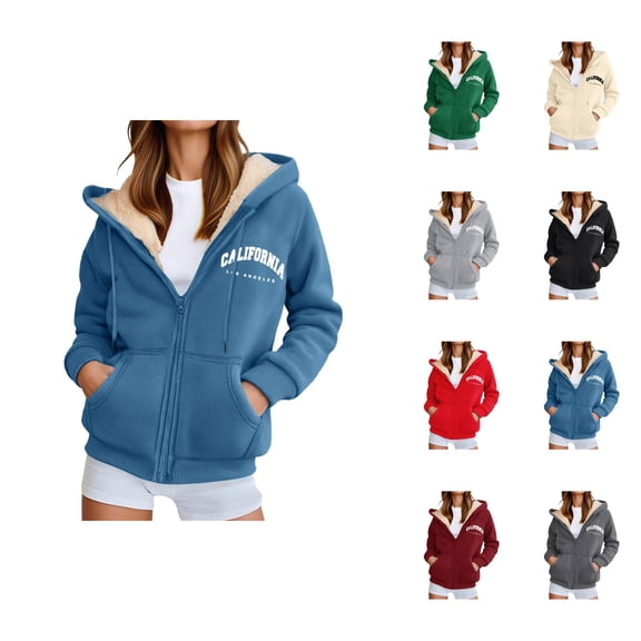 California Los Angeles Hoodies for Women Fall Winter Long Sleeve Fleece Lined Zip Up Hooded Sweatshirt Jacket with Pockets
