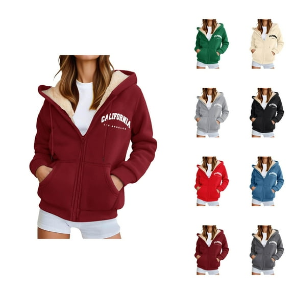 California Los Angeles Hoodies for Women Fall Winter Long Sleeve Fleece Lined Zip Up Hooded Sweatshirt Jacket with Pockets