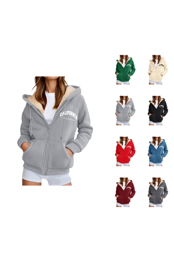 California Los Angeles Hoodies for Women Fall Winter Long Sleeve Fleece Lined Zip Up Hooded Sweatshirt Jacket with Pockets