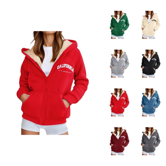 California Los Angeles Hoodies for Women Fall Winter Long Sleeve Fleece Lined Zip Up Hooded Sweatshirt Jacket with Pockets
