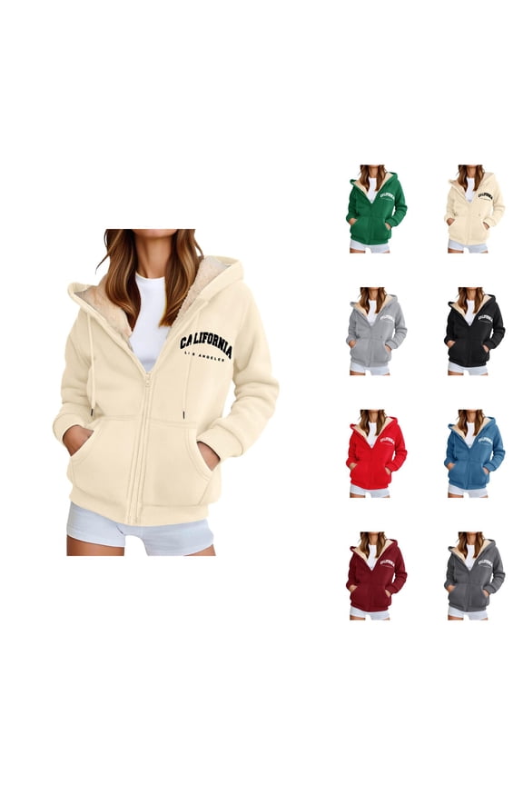California Los Angeles Hoodies for Women Fall Winter Long Sleeve Fleece Lined Zip Up Hooded Sweatshirt Jacket with Pockets
