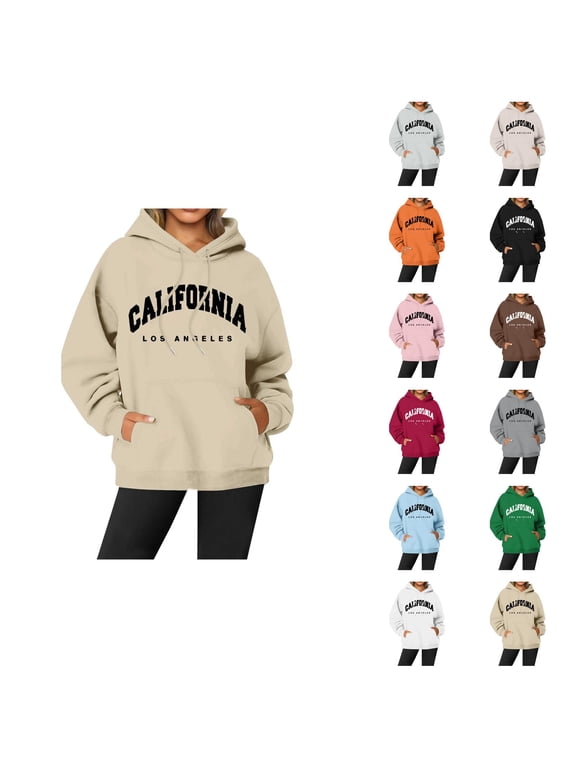 California Los Angeles Hoodies for Women Fall Winter Long Sleeve Graphic Hooded Sweatshirt with Pockets Pullover Tops