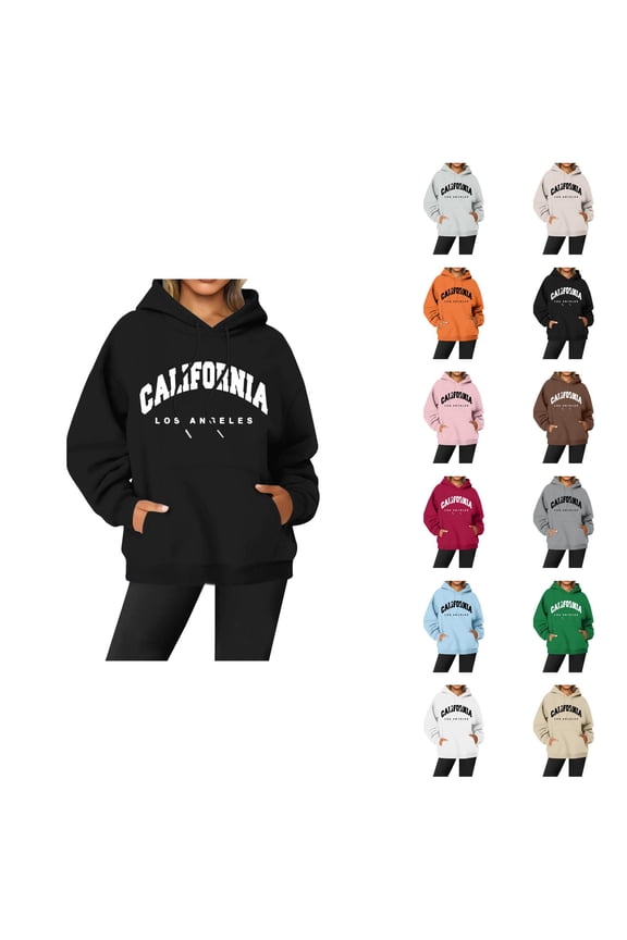 California Los Angeles Hoodies for Women Fall Winter Long Sleeve Graphic Hooded Sweatshirt with Pockets Pullover Tops