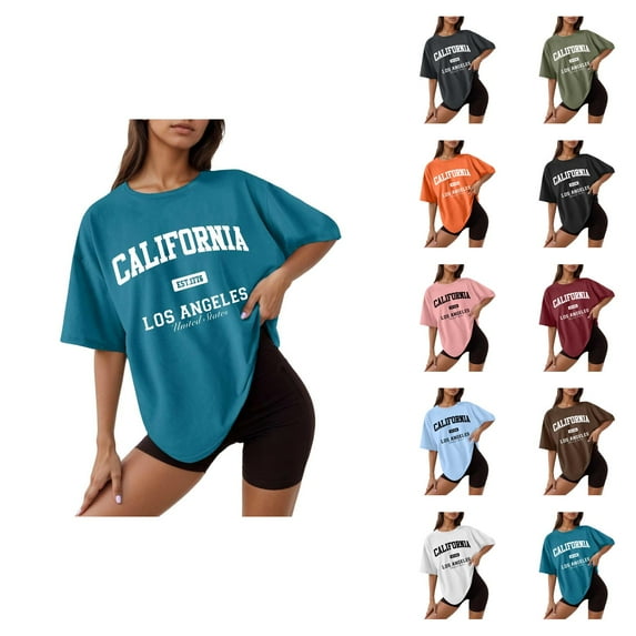 California Los Angeles T Shirts for Women 2025 Short Sleeve Crewneck Oversized Casual Graphic Tshirt Womens T Shirts