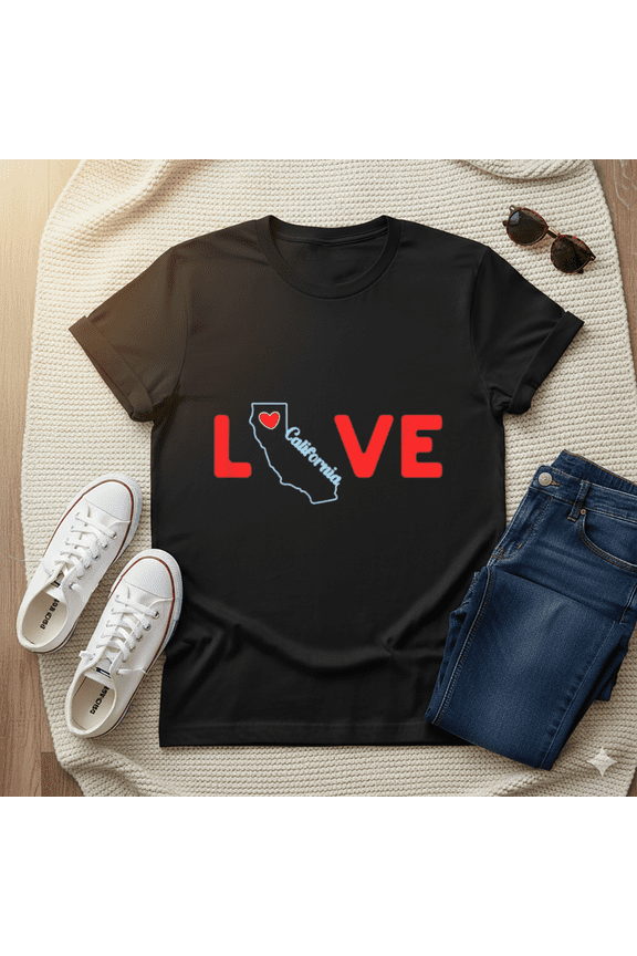 California Love State Outline Heart West Coast Pride Unisex T-Shirt, up to Size 5XL