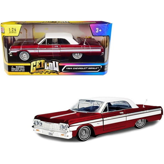1964 Chevrolet Impala Lowrider Hard Top Candy Red Metallic with White Top Get Low Series 1/24 Diecast Model Car by Motormax