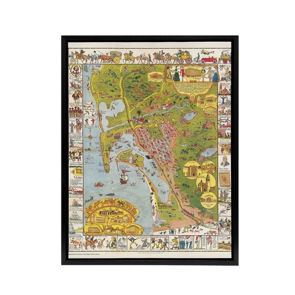 California Map Mora 1928 City San Diego Black Framed Canvas Wall Art Print 12X16