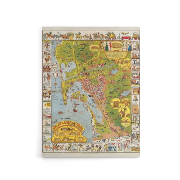California Map Mora 1928 City San Diego Canvas Wall Art Print 12X16"