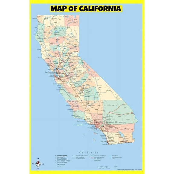 California Map Poster - Laminated Wall Map - Style A - 24x36 - Ideal for Classrooms and Homes – Features Bright Colors and Vivid Imagery