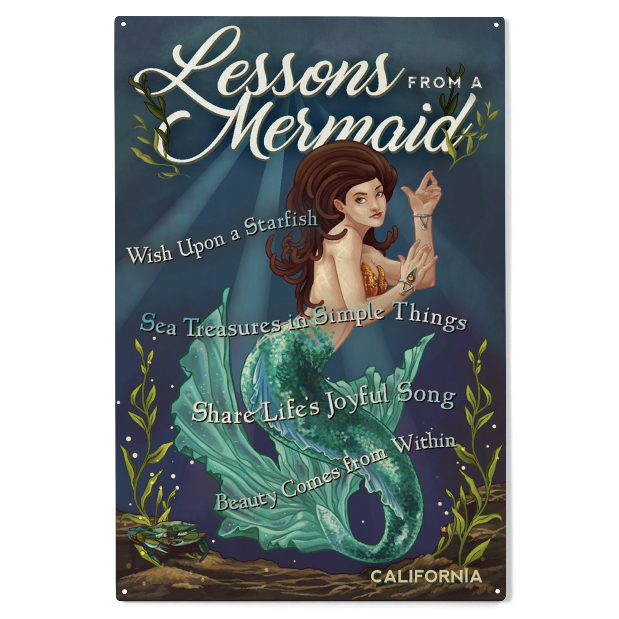California, Mermaid, Lessons from a Mermaid Birch Wood Wall Sign (10x15 ...