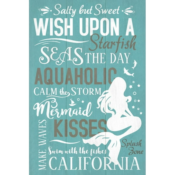 California, Mermaid Typography (12x18 Wall Art Poster, Room Decor)