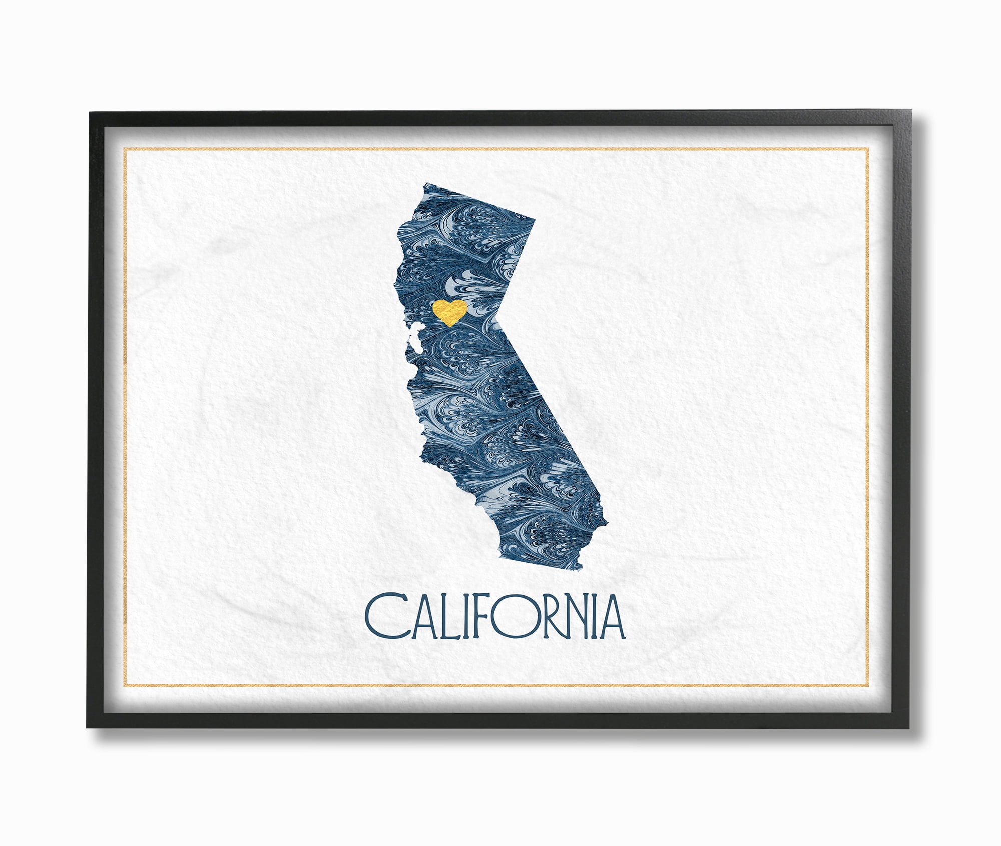 California Minimal Blue Marbled Paper Silhouette Framed Texturized Art