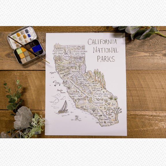 California National Parks Watercolor Map Poster, Poster Only