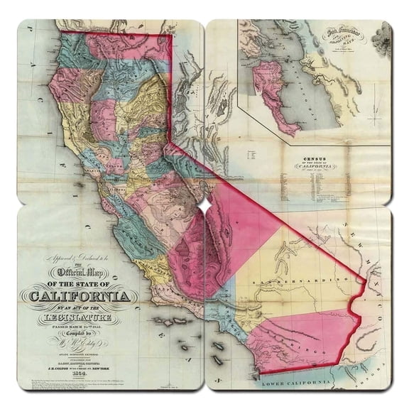 Torched California Old World Map Coaster (Set of 4) Drink Beer Coaster 4x4 Multicolor