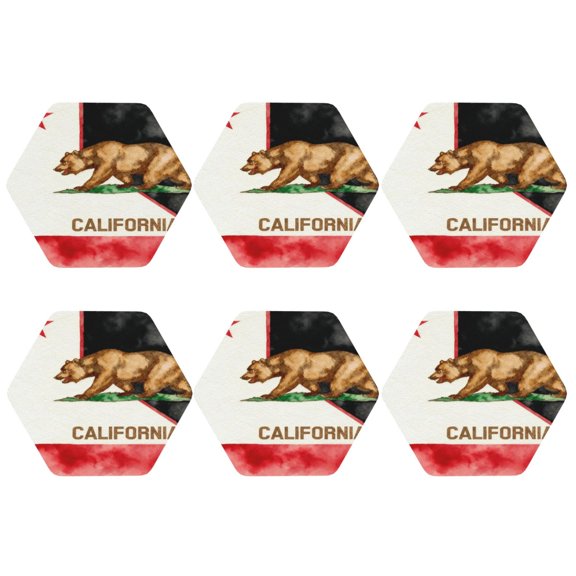 California Outline And Flag Leather Drinks Coasters Suitable for Various Cups Set of 6 Hexagon