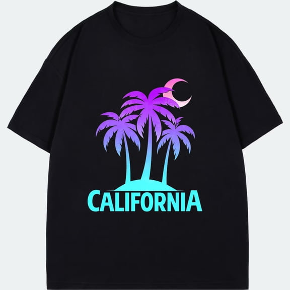 California Palm Tree Moon Print Black T-Shirt For Beach Vacation And Casual Wear